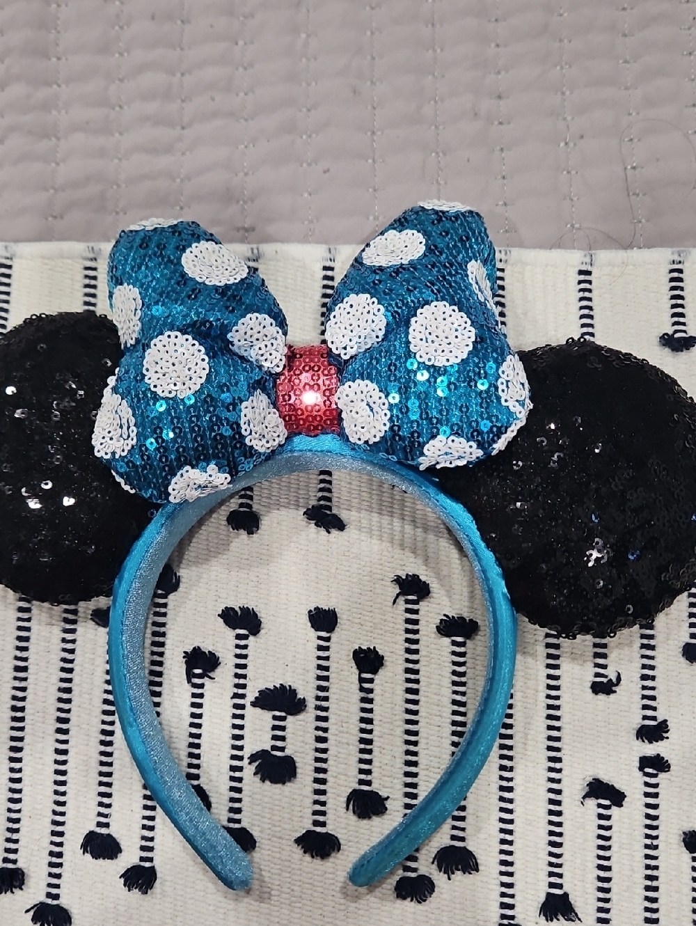 Sequin Minnie-Style Kids Headband with Blue Polka Dot Bow